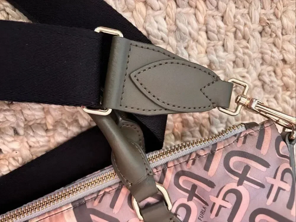 Furla Monogram Nylon Satchel Crossbody Bag Pink Green Stripe Designer Tote, $395
